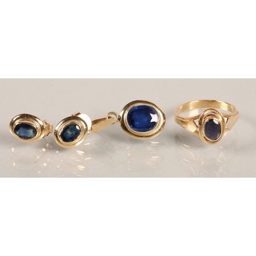 123 - Gold blue stone set pendant, earrings and ring