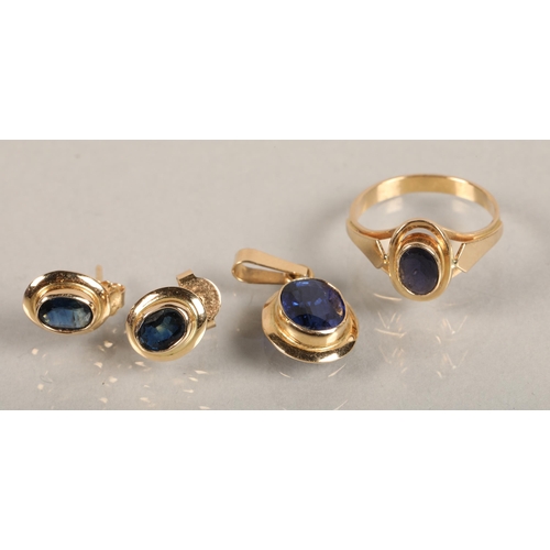 123 - Gold blue stone set pendant, earrings and ring