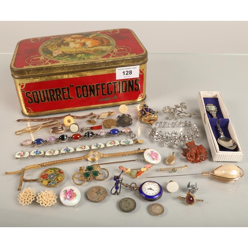 128 - Assortment of jewellery, watches, yellow and white metal, enamelled, brooches, etc, in vintage Squir... 