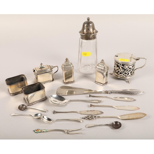 188 - Assortment of silver cruets, napkin rings, sifter, etc