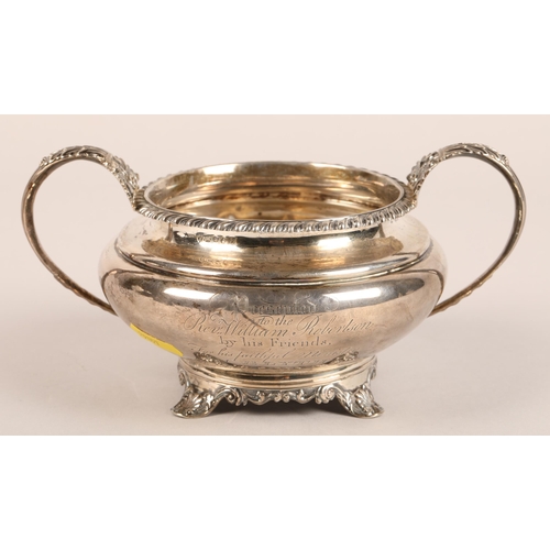 194 - Twin handled silver cup presented to Rev. William Robertson of Blyth 1833weight 276 grams