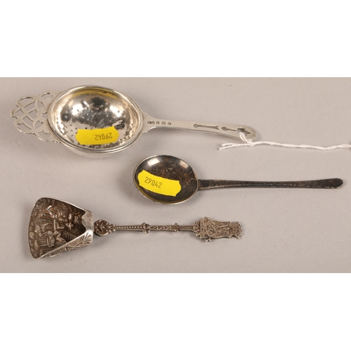 203 - Silver sifter and two white metal utensils (3)