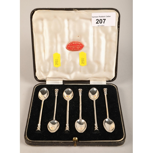 207 - Cased set of six silver coffee spoons.