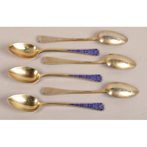 210 - Six silver and blue enamel coffee spoons.