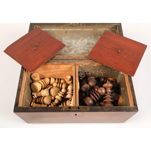 246 - 19th century inlaid tea caddy, with assorted chess pieces