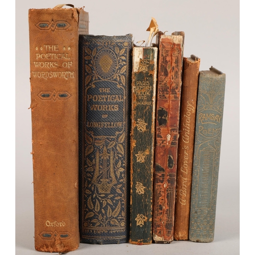 250 - Collection of six antique books to include Ramsays Poems, Longfellow, Wordsworth, a Bird Lover's Ant... 