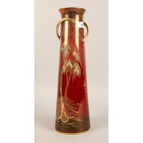 270 - Carlton Ware Rouge Royale large tapering cylindrical vase decorated with foilage and birds, 46cm hig... 