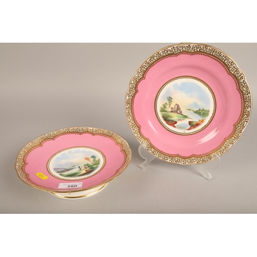 280 - 19th century pink ground dessert service with central vignettes, depicting ruined Classical building... 