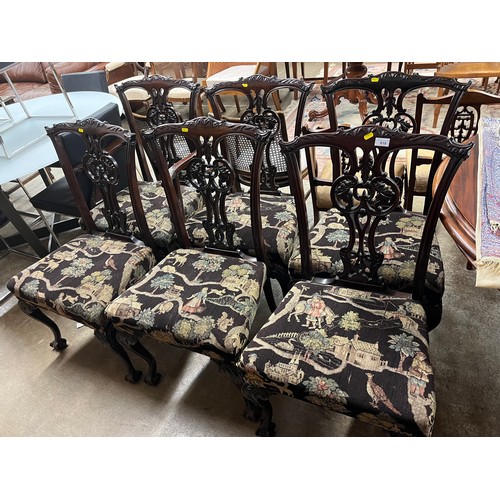 610 - Set of six mahogany dining chairs with embroidered upholstry