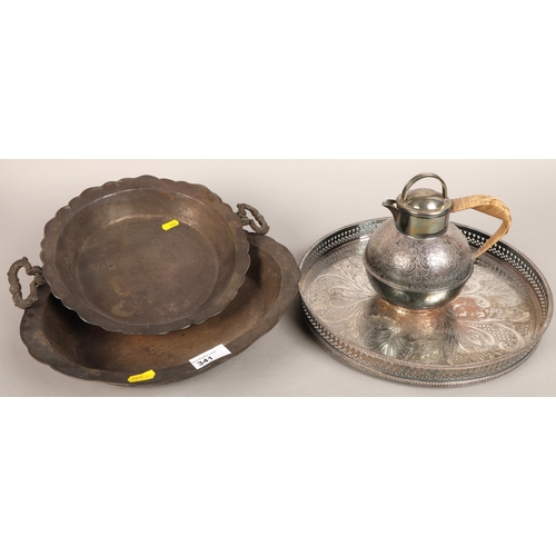 341 - Silver plate tray and teapot, and two pewter trays