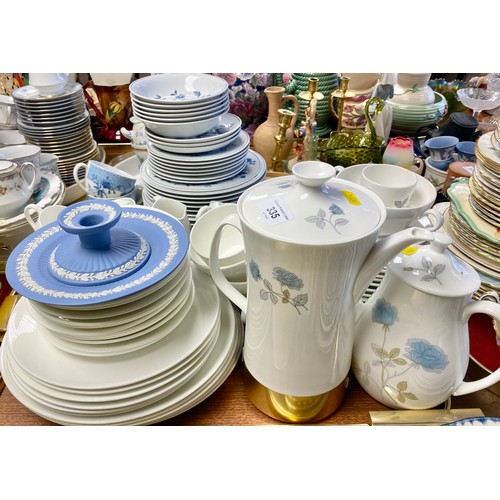 335 - Wedgwood Ice Rose coffee set with automatic electric coffee pot, jasperware candlestick and plate