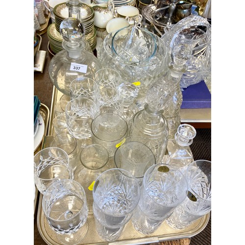 337 - Assortment of glass and cut glass including decanters, jug and ladle, glasses, etc