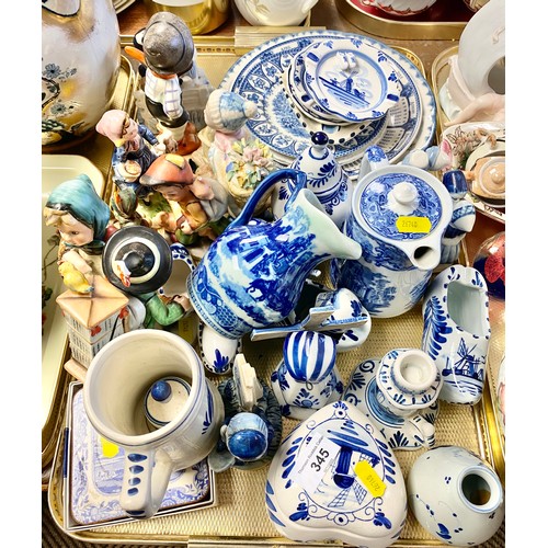 345 - Assortment of blue and white Delftware, and assorted continental figurines including Hummel