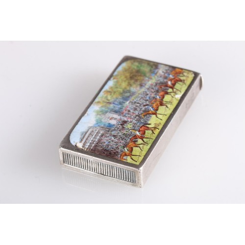 152 - Victorian silver matchbox with horseracing enamel decoration to one side, retailed by Lewis and Co 1... 