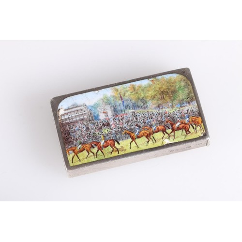 152 - Victorian silver matchbox with horseracing enamel decoration to one side, retailed by Lewis and Co 1... 