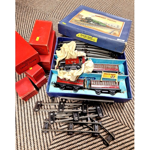 359 - Hornby Meccano O gauge train set in box with track and extra boxed vehicles including No 1 Crane gau... 