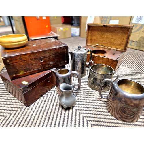 375 - Plated ware and three wooden boxes including a tea caddy