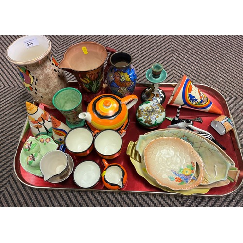 326 - Tray of assorted decorative vases, wall pockets , carlton ware and grays pottery part teaware etc