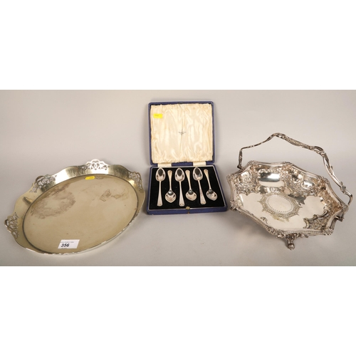 356 - Plated grapefruit spoons in case, basket dish and tray