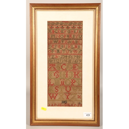 415 - Embroidered sampler, circa 1830, in frame 57 x 33 cm in frame ( information about history of sampler... 