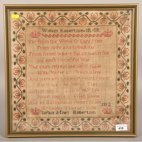 418 - Embroidered sampler, dated 1812, 44 x 44 cm in frame,