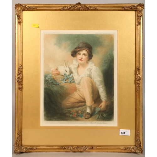 431 - Lithograph of a young boy with rabbit signed Elizabeth Guillard, 55cm x 48cm incl frame