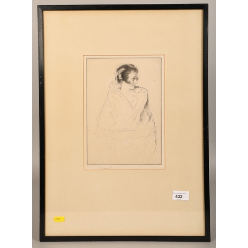 432 - E. Blampied, signed etching of a woman, dated 1921, 25cm x 17.5cm