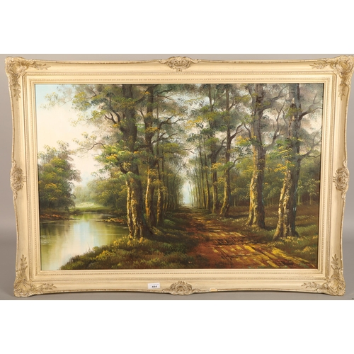 484 - Oil on canvas of a forest scene indistinctly signed