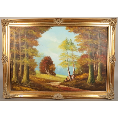 487 - Framed oil on canvas of a forest scene indistinctly signed