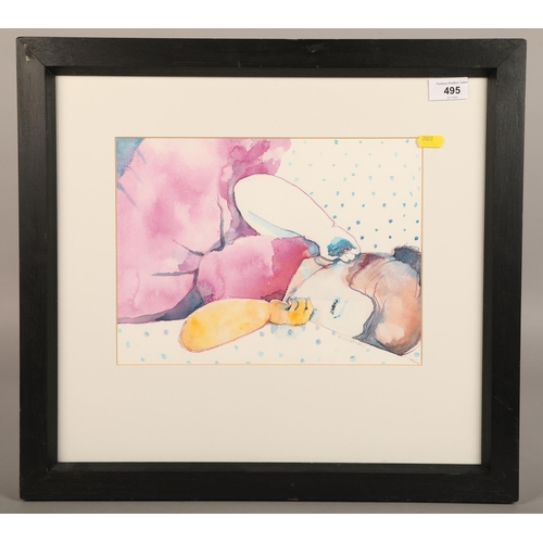 495 - Indistinctly signed, watercolour of a sleeping child