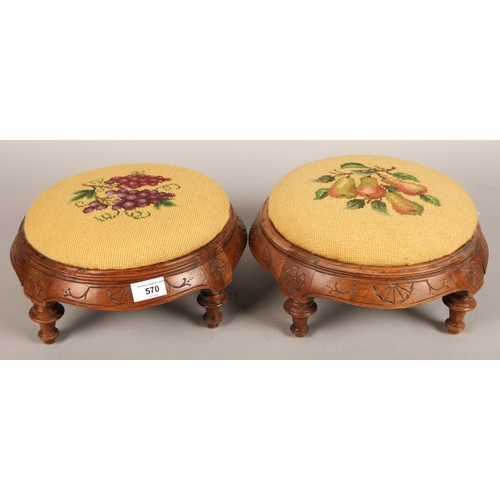 570 - Pair of foot stools with embroidery on top (2)