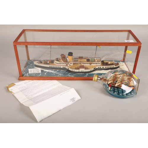 587 - Model of P.S Caledonia  in glass case, case 57 x 19 x 19 cm with a ship in a bottle (2)