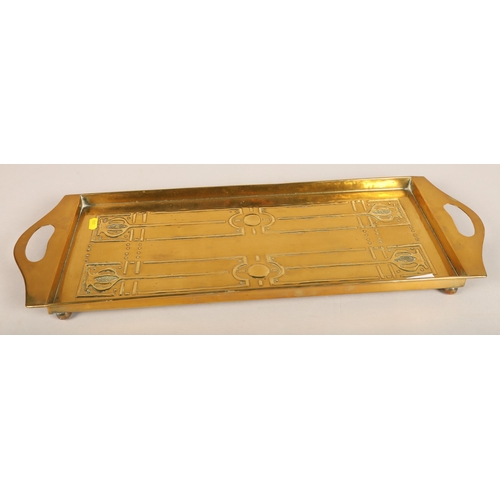 593 - Glasgow school brass twin handled tray, 67 x 22 x 4 cm