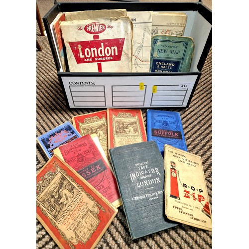 412 - Box of vintage maps including some cloth, some of London