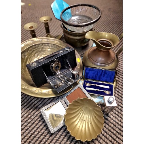 410 - Assortment of items including Italian tray, brass ware, enamel hand mirror, plated ware