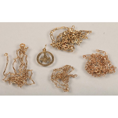 137 - Assortment of gold chains some scrap, and 9ct masonic pendant, total weight 9.9g