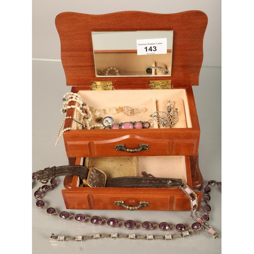 143 - Assorted costume jewellery in jewellery box, some silver