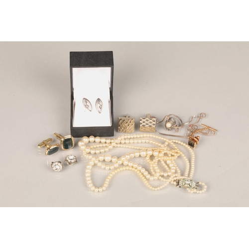 147 - Box of assorted cuff links, Pearl necklace,marcasite ring etc