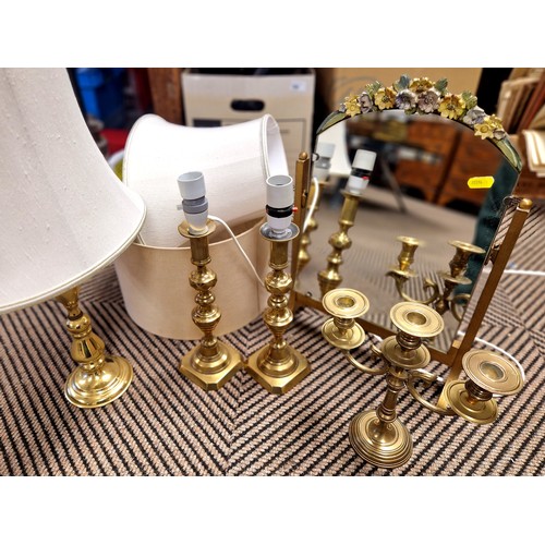 392 - Pair of brass table lights, dressing table mirror, etc