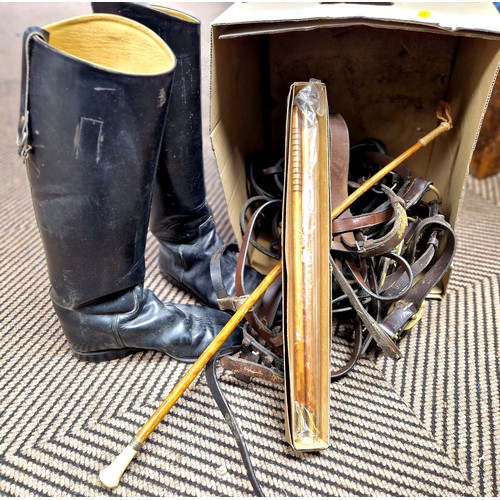 396 - Equestrian items including horse riding boots, riding crops