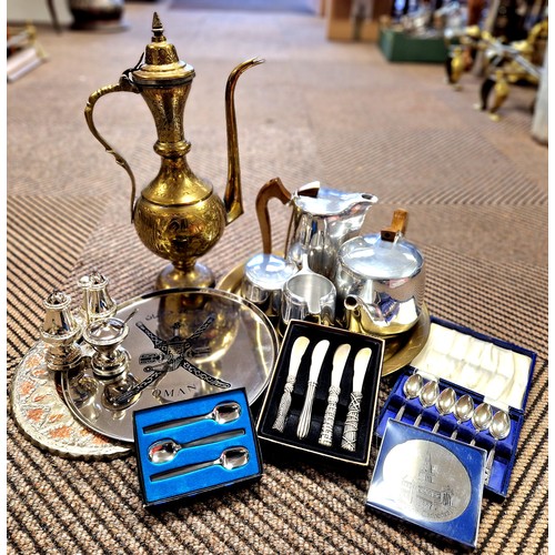 400 - Picquot ware, brass coffee pot, plated flat ware etc