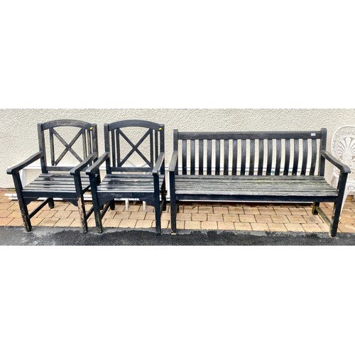 545 - Black wooden garden bench and two chairs (3)