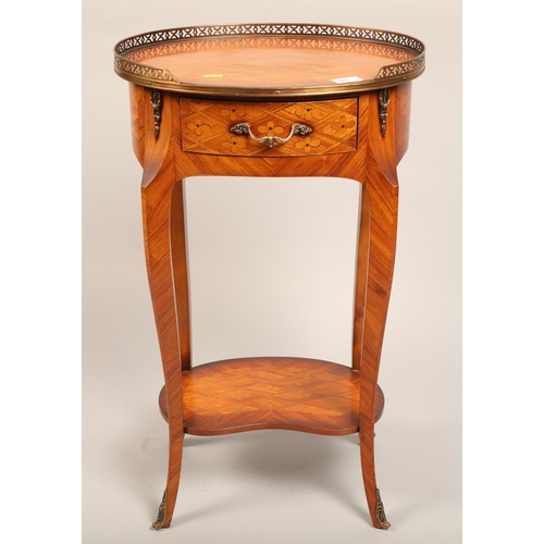 581 - Satinwood galleried Marquetry tiered side table with drawer