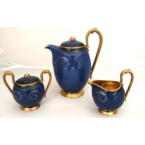 321 - Carlton Ware pattern 1974 coffee set with dappled blue bodies, gilt swirl to the centre and with gil... 