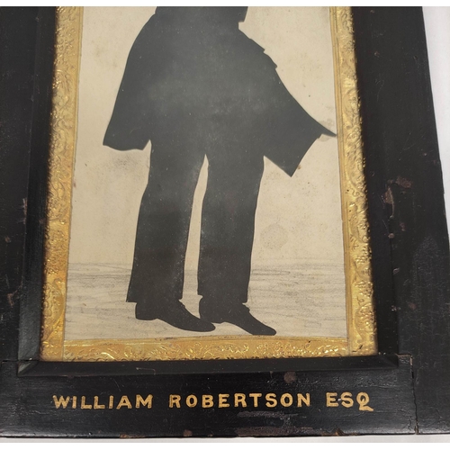 265 - William Robertson Esq.  Full length 19th cent. silhouette portrait in black frame, 28 x 16 cms., wit... 