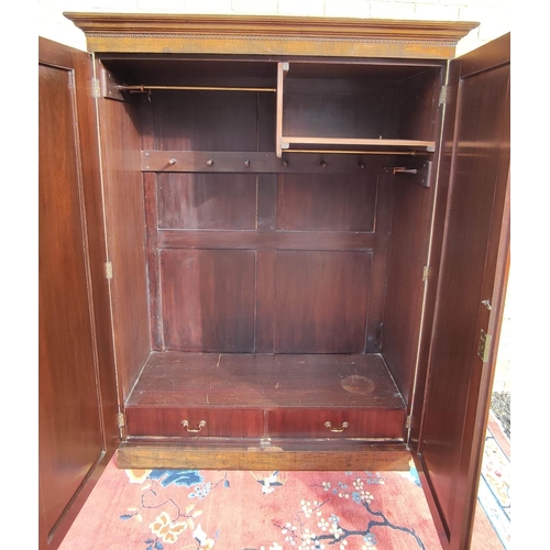 412 - Edwardian inlaid mahogany wardrobe with moulded cornice above two panelled doors on plinth base. app... 