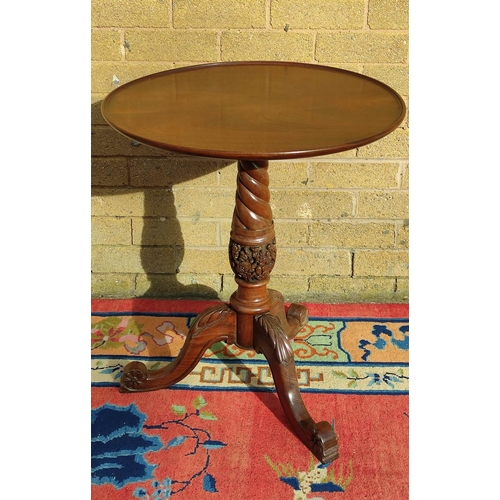 422 - 19th century mahogany tripod table with dished top, on carved baluster column and scroll tripodsuppo... 