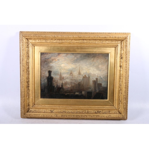 275 - MISS A E HARKOM Edinburgh (Moonlight) Oil painting on board, unsigned, 20cm x 30cm, gilt frame 38cm ... 