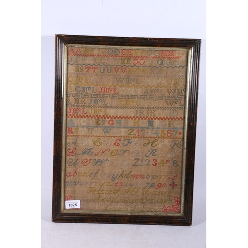 289 - Victorian needlework sampler executed by Jessie McLaws aged 12 in 1880, with alphabet and numerals, ... 