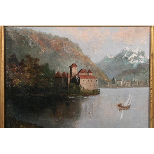 291 - 19TH CENTURY SCHOOL Chillon Castle Lake Geneva and a companionPair of oil paintings, unsigned 14cm x... 